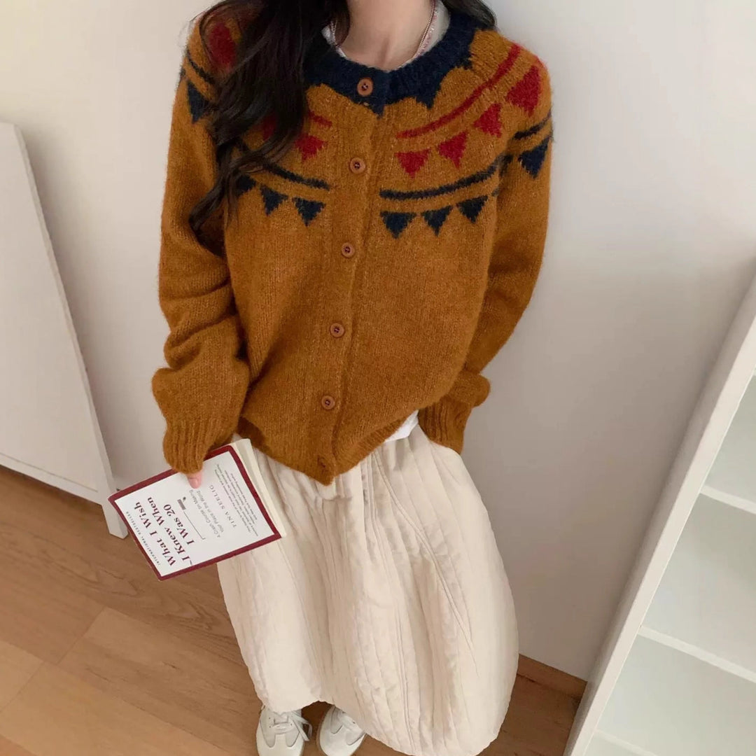 Damen Grobstrickcardigan mit aufwendigem Farbmuster und komfortablem Knopfverschluss EB