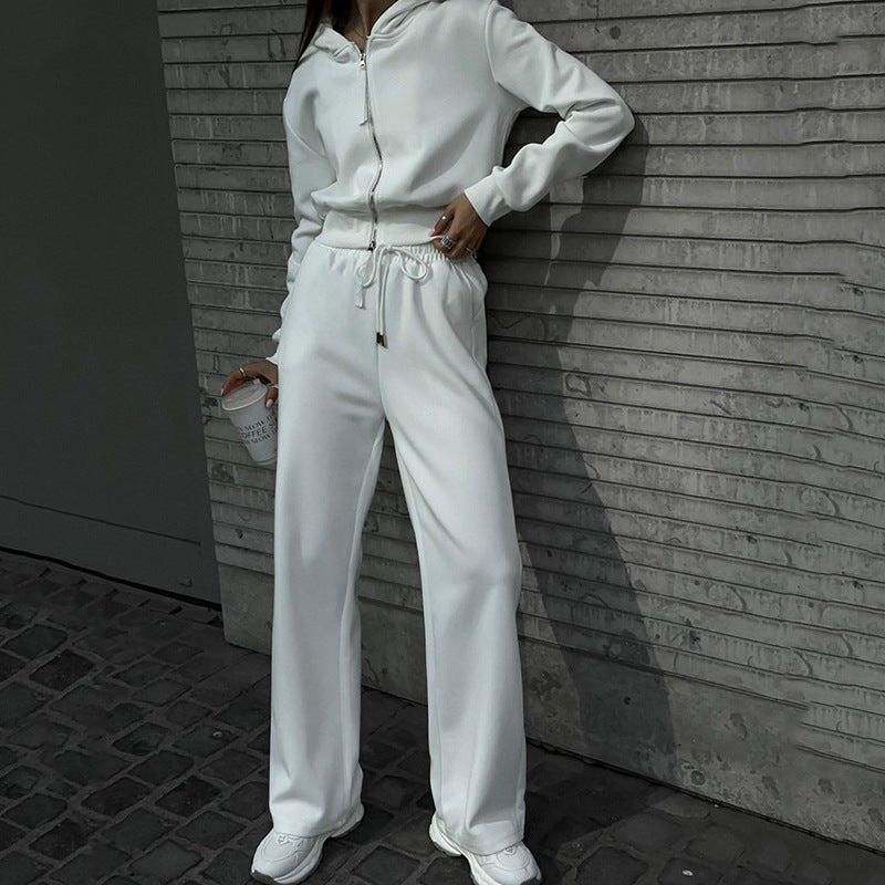 Damen Zweiteiliges Loungewear-Set mit kurzem Zip-Bomber und weiter High-Waist-Palazzohose EB