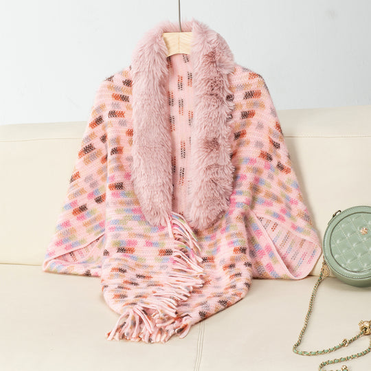 Damen eleganter Poncho mit luxuriösem Kunstfellkragen und Fransen EB