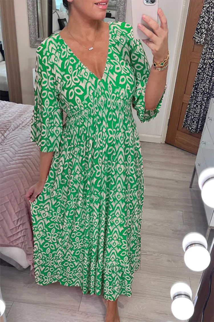 Damen Maxikleid mit schmeichelndem V-Ausschnitt und voluminösen Ärmeln EB