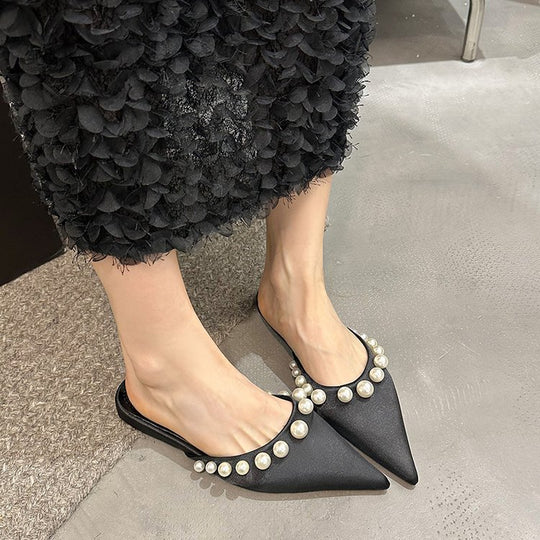 Damen Spitzen-Mules mit glänzenden Perlenverzierungen EB