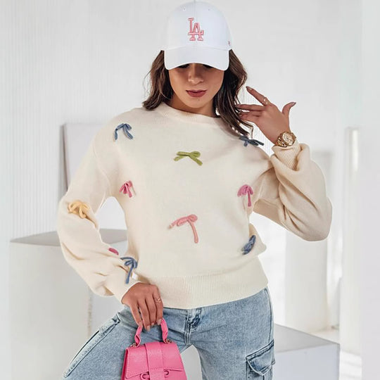 Damen Strickpullover mit verspielten Schleifenapplikationen und lässigem Schnitt EB