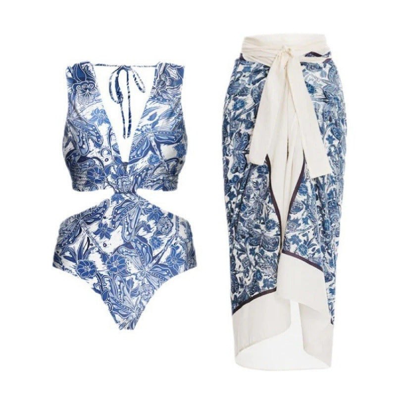Damen Badeanzug-Set mit elegantem Wickelrock und modischem Floral-Design EB
