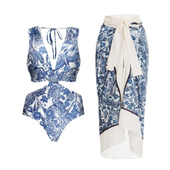 Damen Badeanzug-Set mit elegantem Wickelrock und modischem Floral-Design EB
