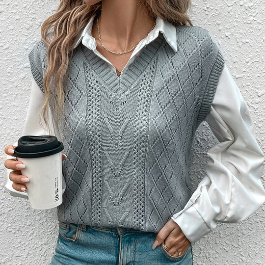 Damen eleganter Strickpullover mit V-Ausschnitt und modischem Rautenmuster EB