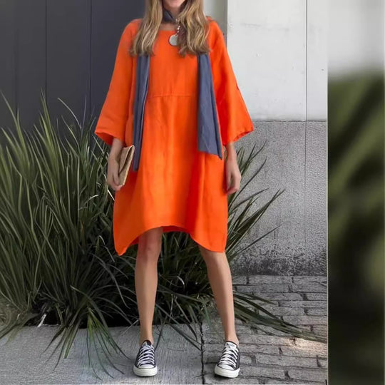 Damen lässiges Leinenkleid mit praktischen Taschen und asymmetrischem Saum EB
