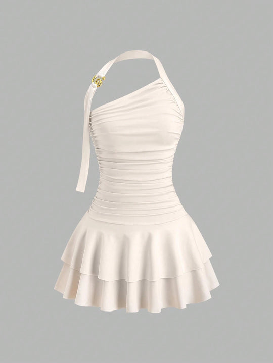 Damen asymmetrisches Wickelkleid mit gerafftem Design EB