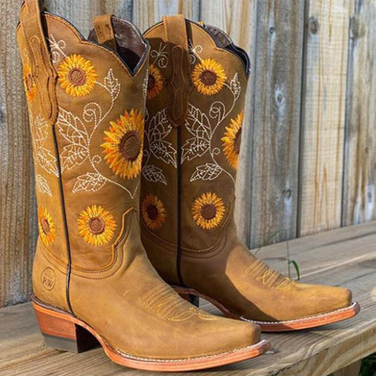 Damen Western-Stiefel mit Sonnenblumen-Stickerei und mittelhohem Blockabsatz EB