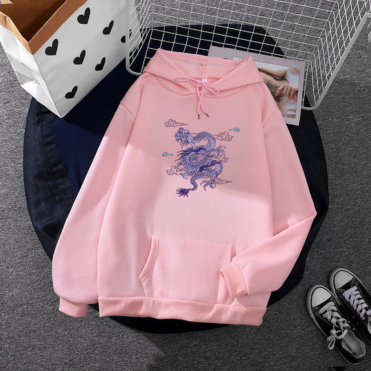 Unisex nan oversized Kapuzensweatshirt mit detailliertem Drachendruck, angerautem Fleece-Innenfutter und Känguru-Tasche EB