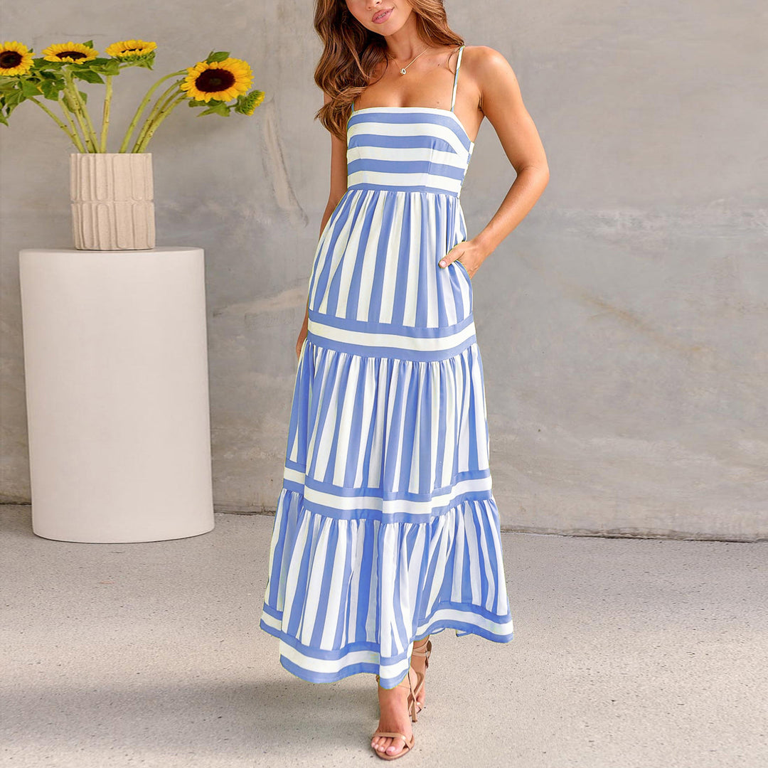 Damen Maxikleid mit schmalen Trägern und gestreiftem Design EB