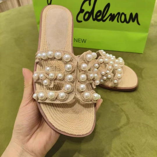 Damen modische Sandalen mit perlverzierten Riemen EB