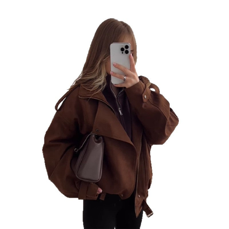 Damen Oversized Kunstlederjacke mit praktischen Taschen und lässigem Schnitt EB