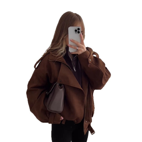 Damen Oversized Kunstlederjacke mit praktischen Taschen und lässigem Schnitt EB