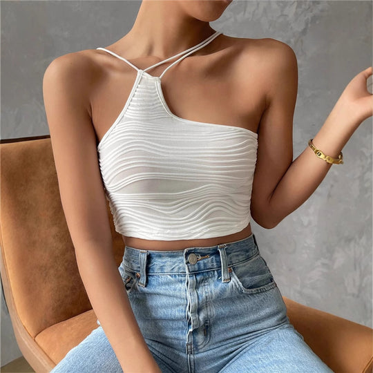Damen lässiges Crop-Top mit schulterfreiem Design und feinem Rippmuster EB