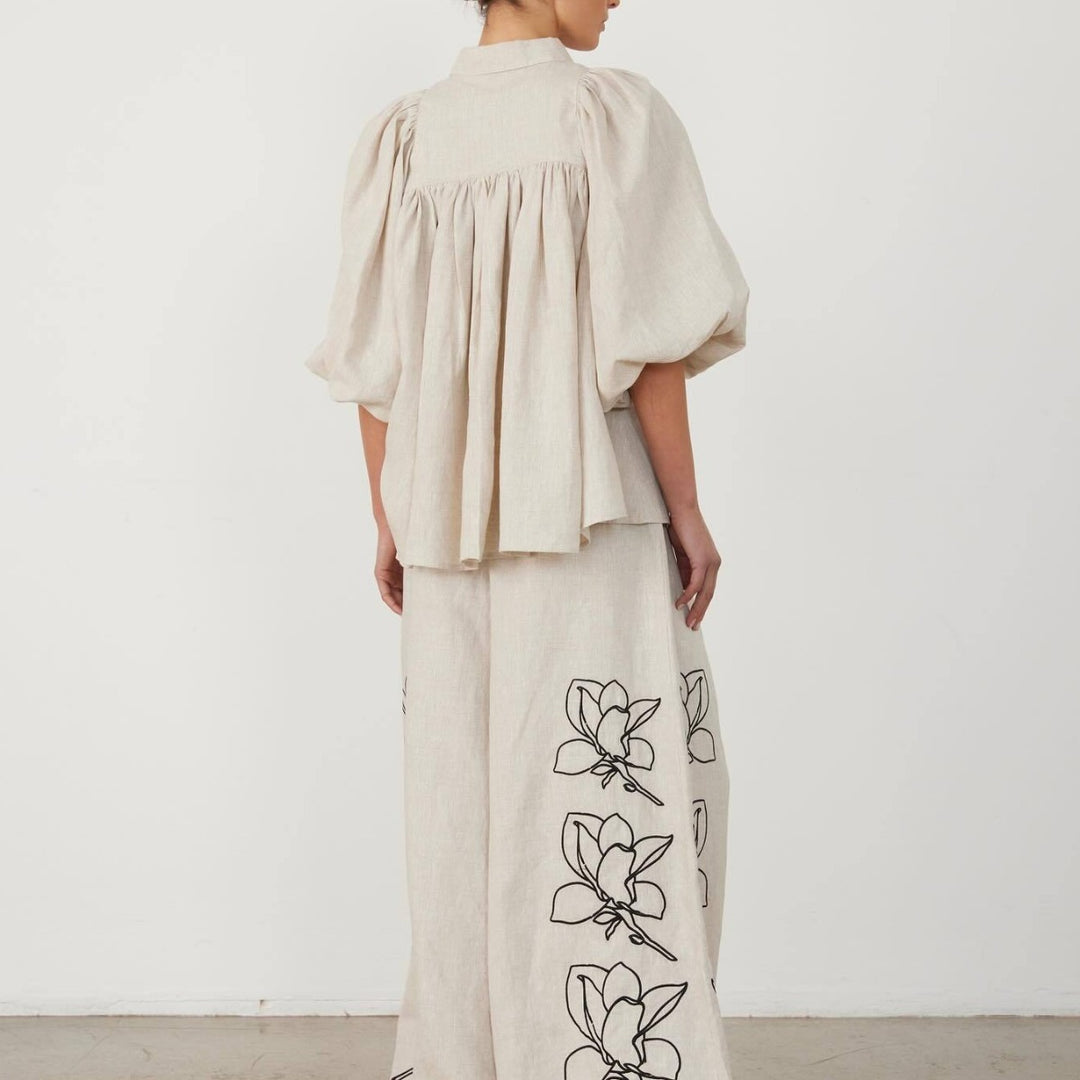 Damen Weit geschnittene Leinenhose mit floralen Stickereien EB