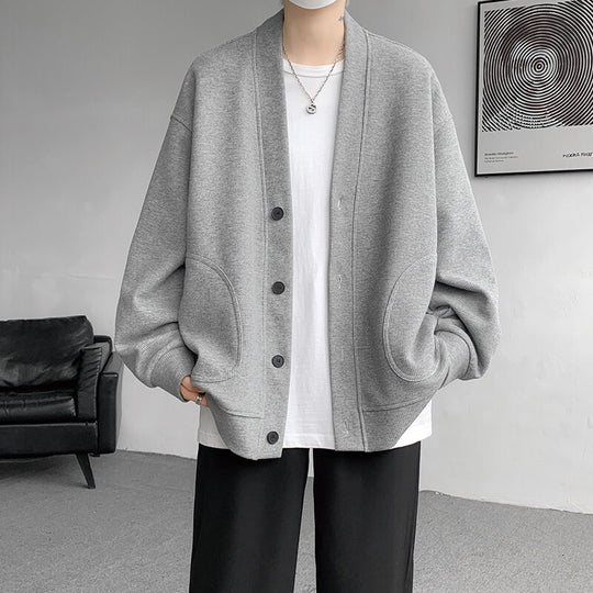 Herren nan oversized Strickcardigan mit V-Ausschnitt, aufgesetzten Rundtaschen und lässiger Drop-Shoulder-Silhouette EB