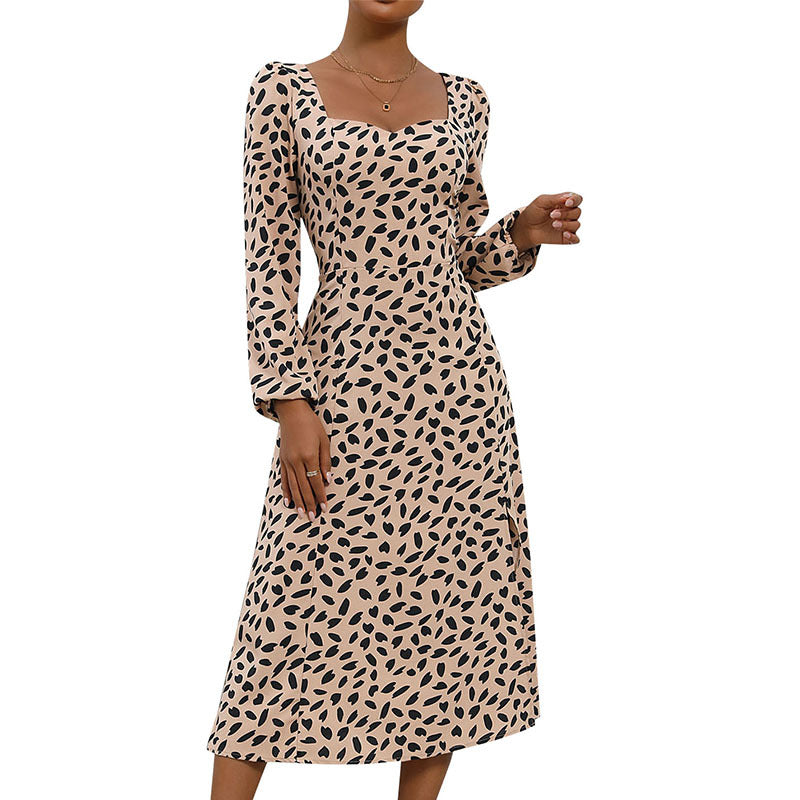 Damen Bedrucktes Midikleid im Vintage‑Stil mit Herzausschnitt, taillierter Silhouette und Ballonärmeln EB
