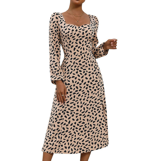 Damen Bedrucktes Midikleid im Vintage‑Stil mit Herzausschnitt, taillierter Silhouette und Ballonärmeln EB