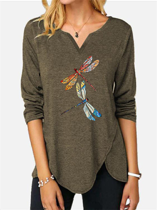 Damen V-Ausschnitt Langarmshirt mit Drachenfliegen-Print EB