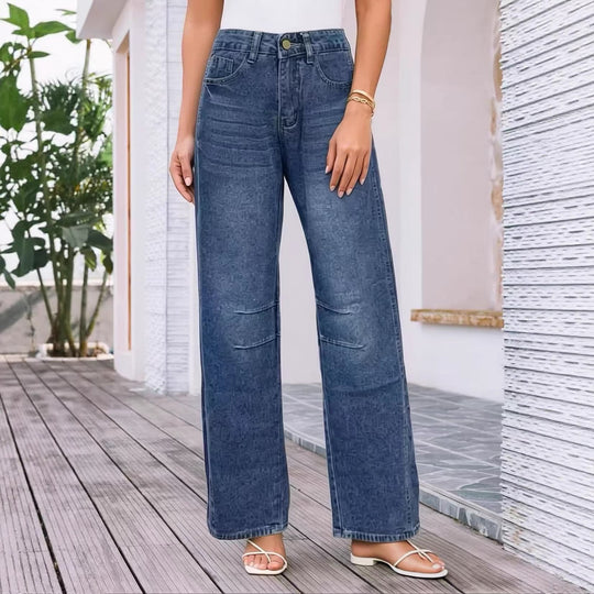 Damen nan High-Waist weite Denim-Hose mit ausgestelltem Bein und tonalen Knie-Abnähern EB