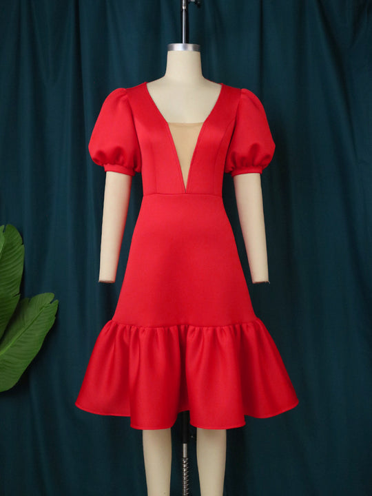 Damen elegantes Wickelkleid mit voluminösen Puffärmeln und Rüschensaum EB