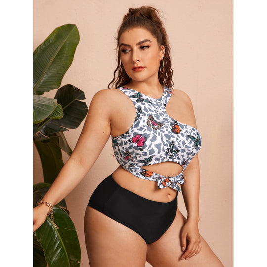 Damen Cut-Out Bikini mit modischem Blütenmuster und hohem Taillen-Slip EB