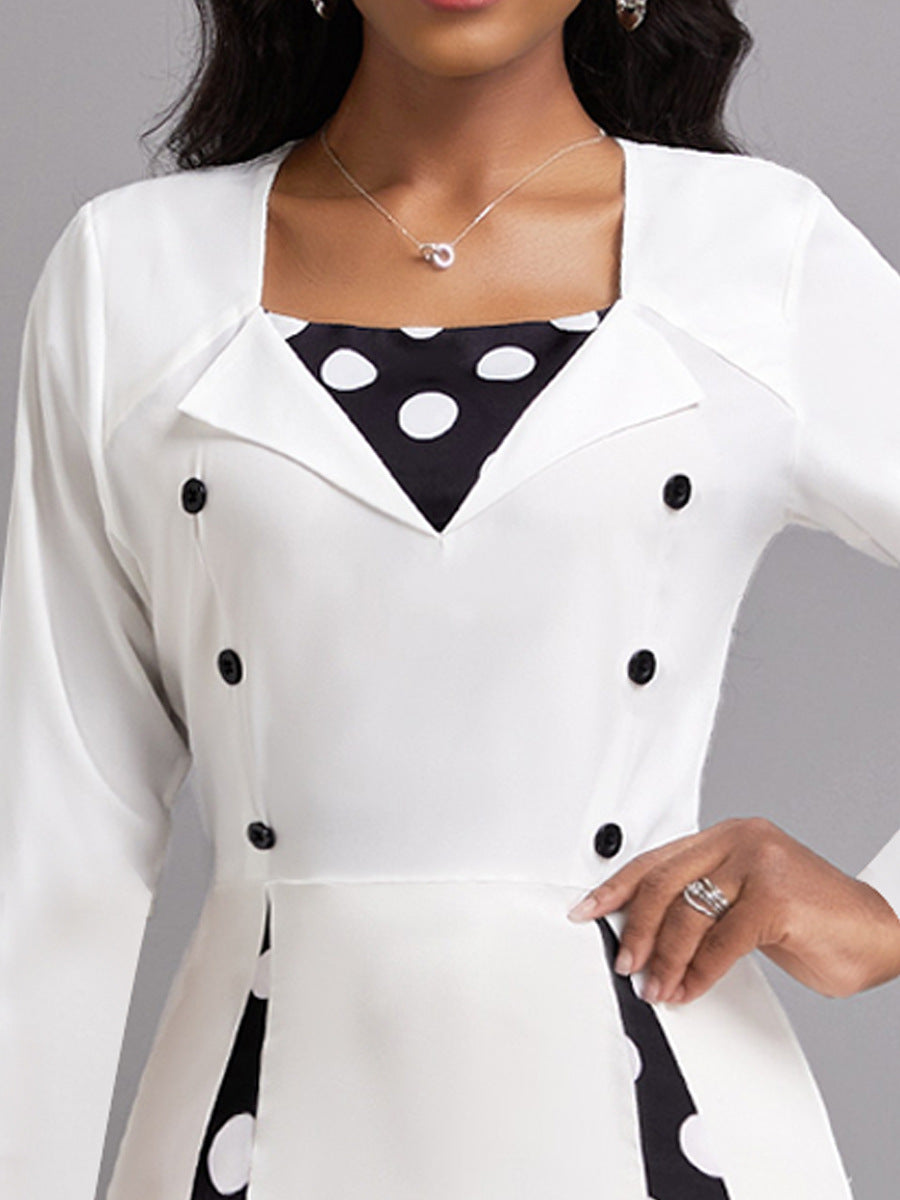 Damen Polka Dot Midi-Kleid mit eleganter Knopfleiste und Kontrastpanelen EB