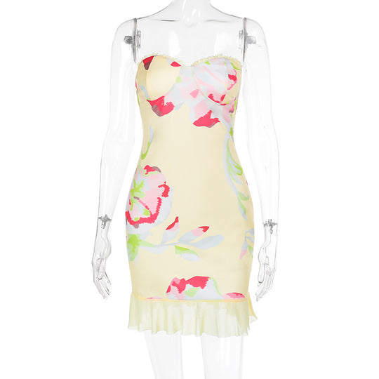 Damen ärmelloses Minikleid mit floralen Mustern und Rüschensaum EB