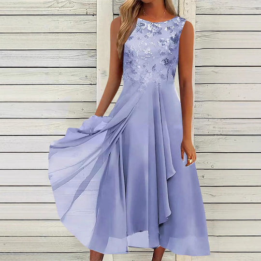 Damen nan ärmelloses Chiffon-Midikleid mit bestickter Brustpartie und asymmetrischem Lagenrock EB