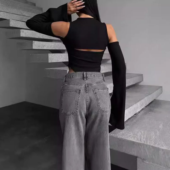 Damen Langarm-Shirt mit innovativem Cut-Out-Design und schmalen Ärmeln EB