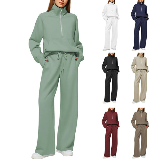 Damen Freizeit Sweatpants-Anzug mit hohem Kragen und Kängurutasche EB