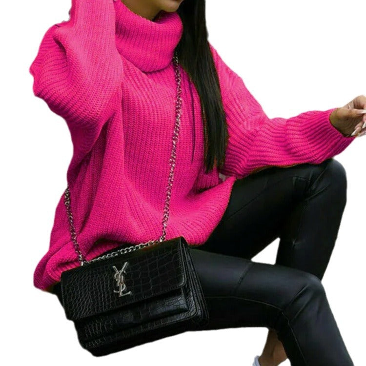 Damen Grobstrickpullover mit hohem Kragen und lässigem Schnitt EB