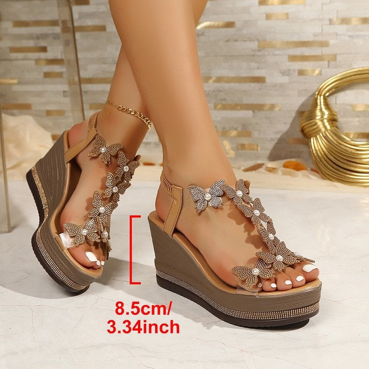 Damen Wedge-Sandalen mit floralem Dekor und dezentem Glitzerelement EB