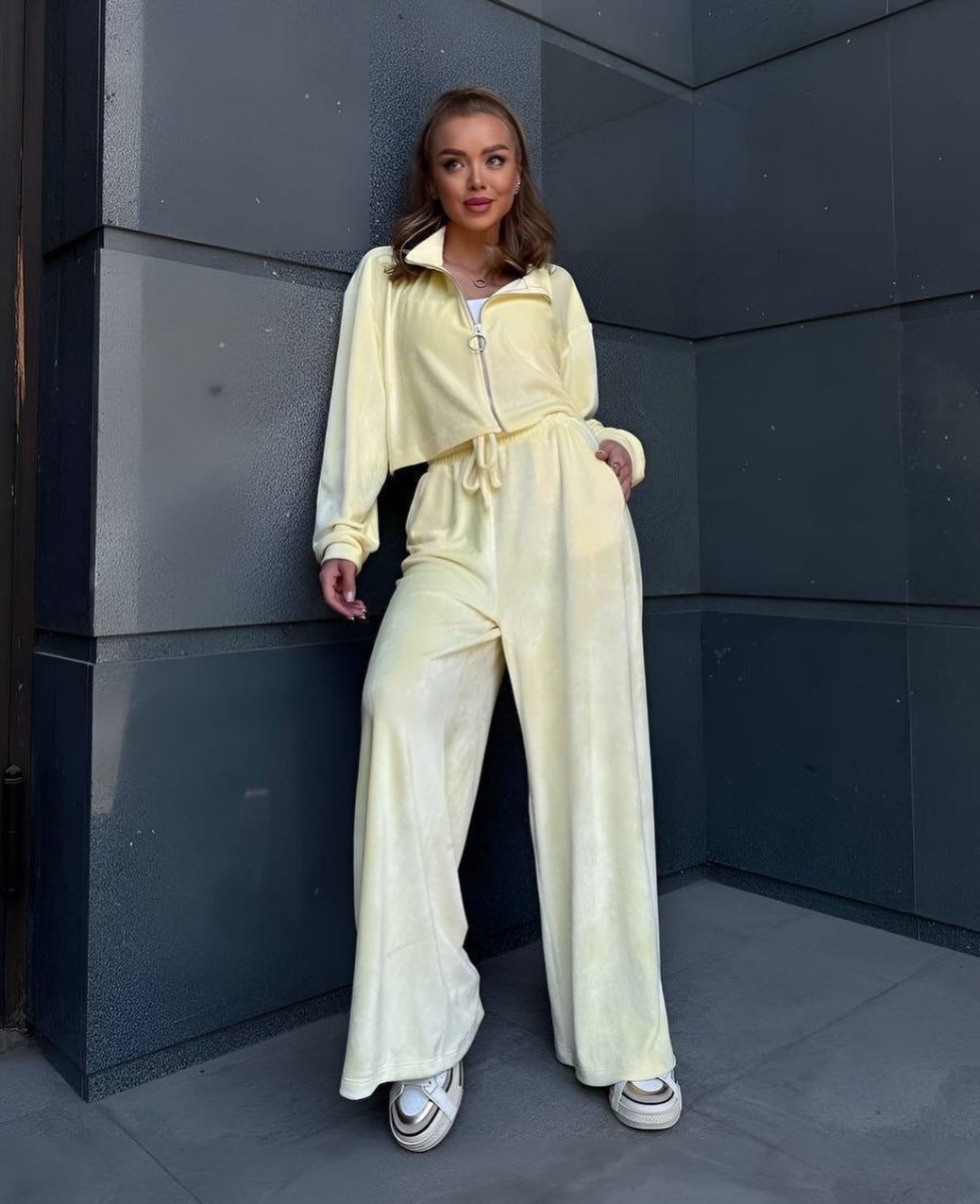 Damen gekürztes Velours-Cropped-Hoodie mit Stehkragen und elastischer High-Waist-Palazzo-Jogginghose Eichborn Berlin