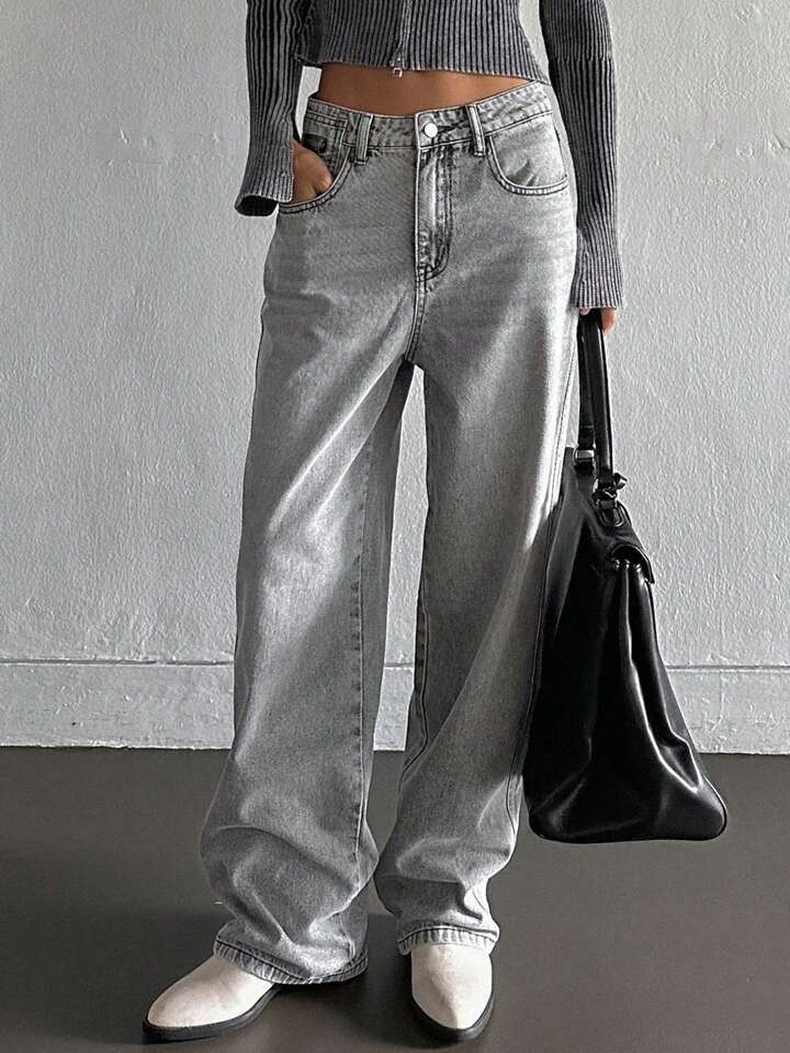 Damen weite Jeans im lässigen Vintage-Design mit hoher Taille und beständigem Stoff EB