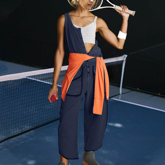Damen sportlicher Jumpsuit mit asymmetrischem Schnitt und praktischem Knopfdetail EB
