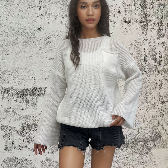 Damen Großer Strickpullover mit modernem Rippenmuster und angeschnittenen Ärmeln EB