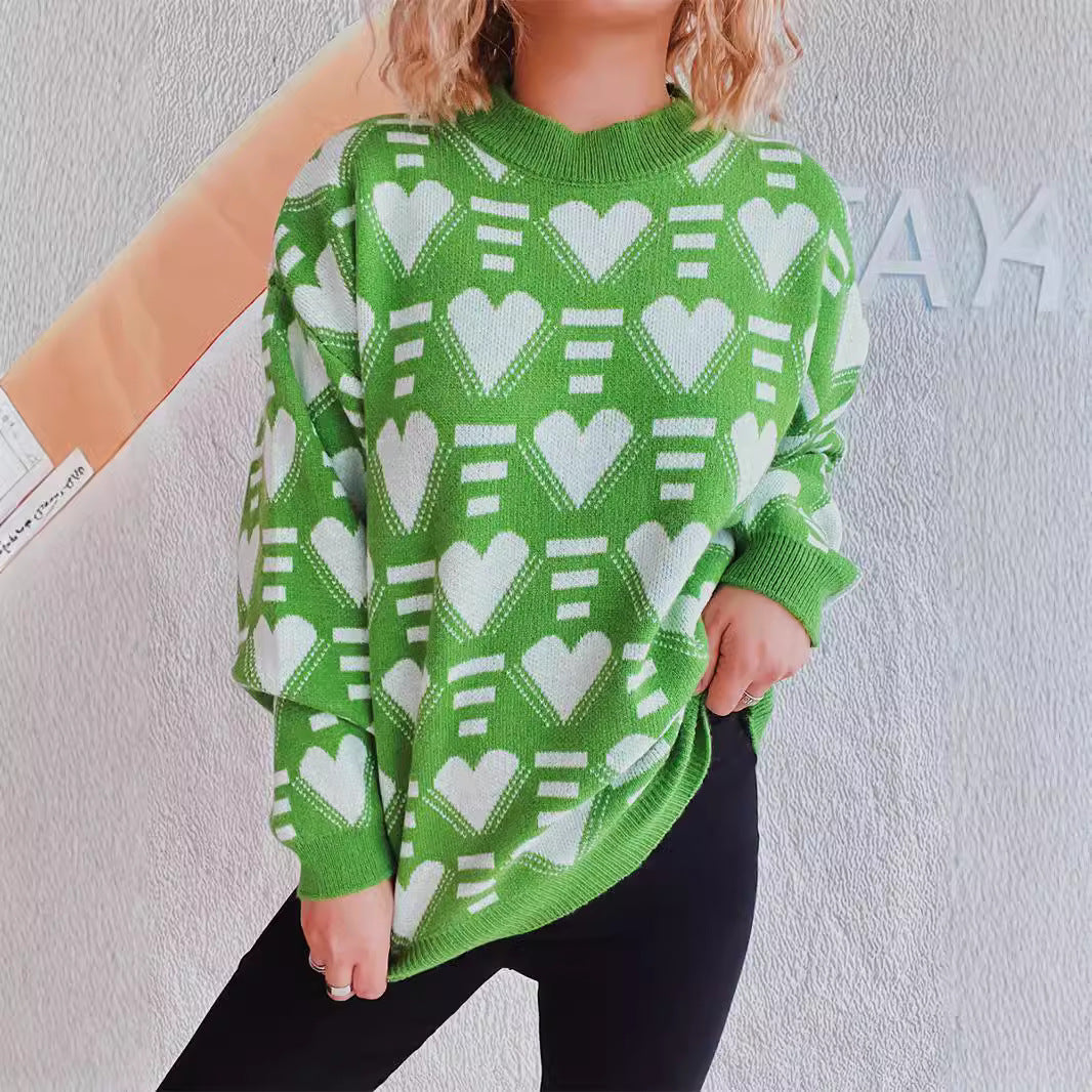 Damen gestrickter Pullover im modernen Herzdesign mit weitem Schnitt EB