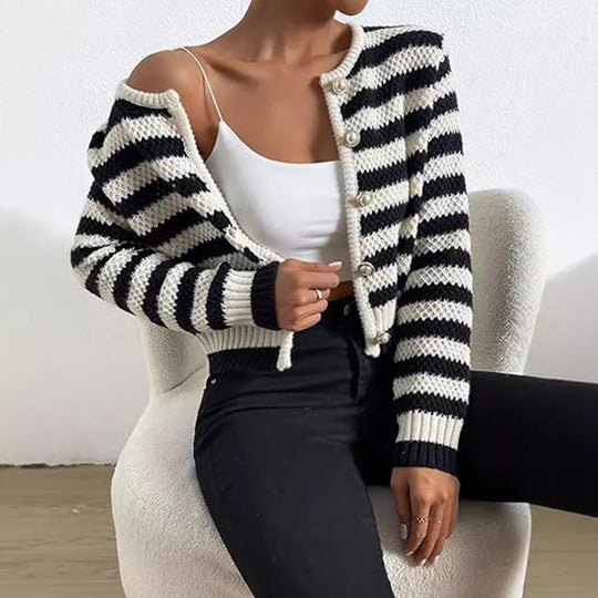 Damen gestreifte Strickjacke mit dekorativen Knöpfen EB