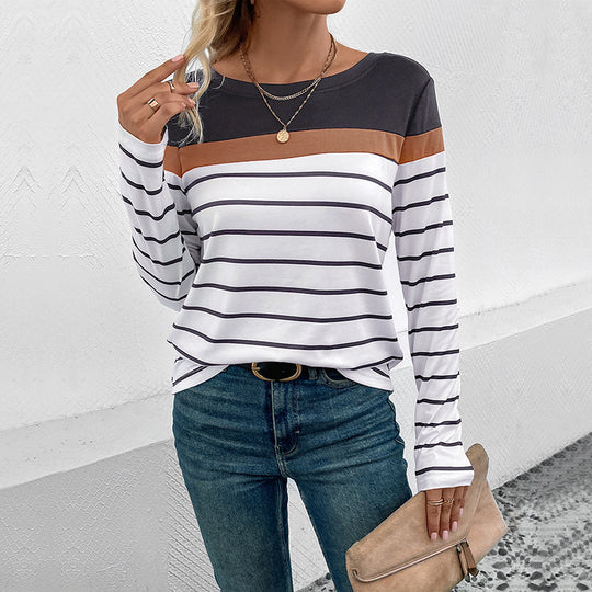 Damen Langarmshirt mit modischem Streifenmuster und kontrastierendem Oberteil EB