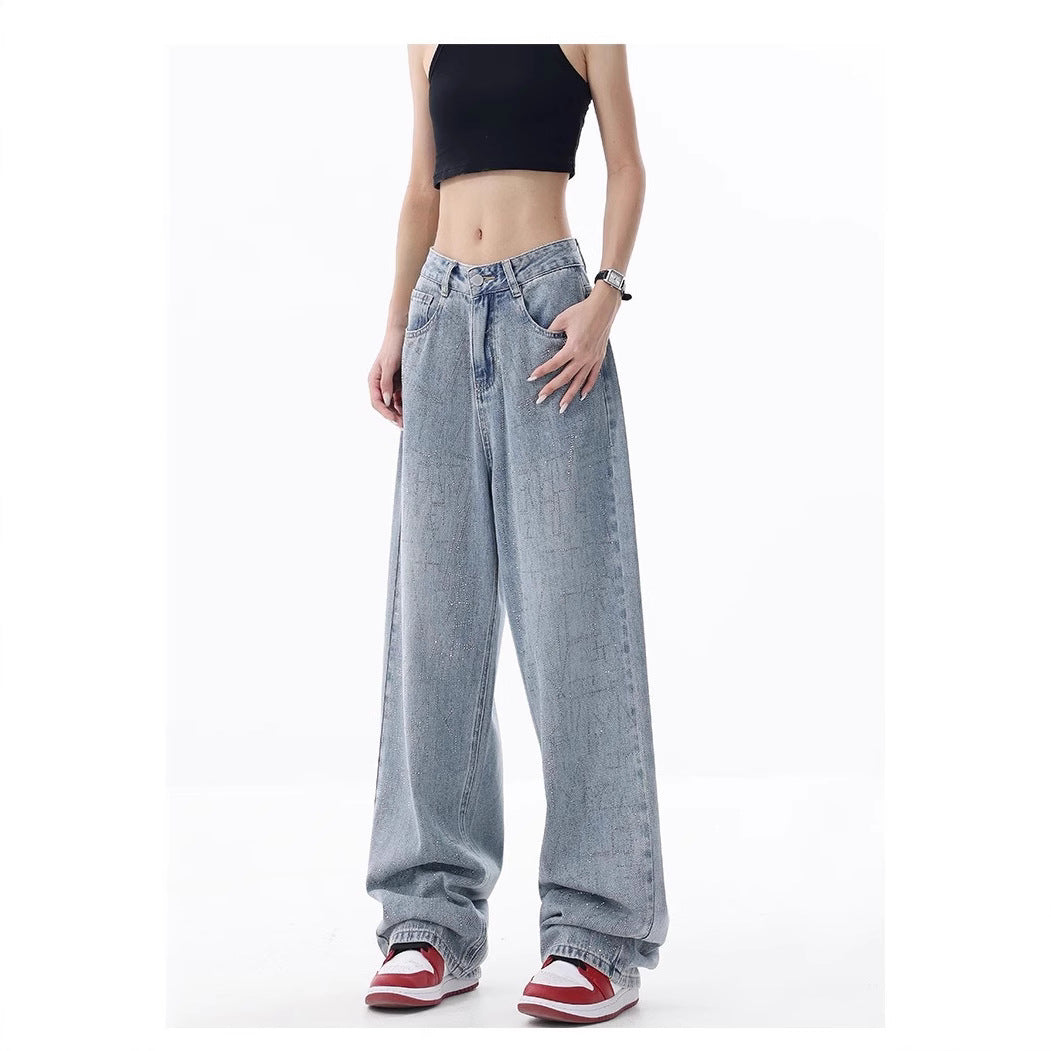 Damen Weite High-Waist Jeans mit einzigartigem Waschdesign EB