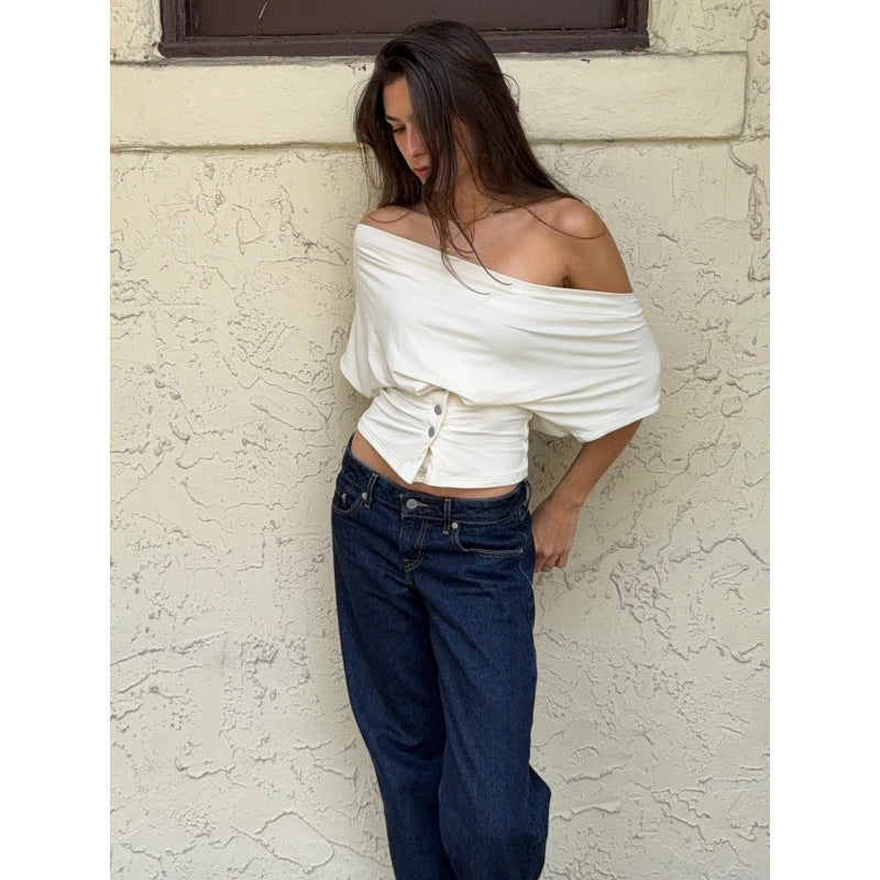 Damen Off-Shoulder Oberteil mit Knopfdetails EB