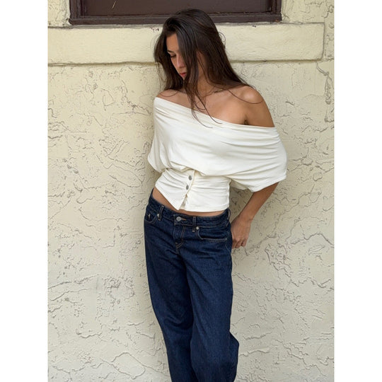 Damen Off-Shoulder Oberteil mit Knopfdetails EB