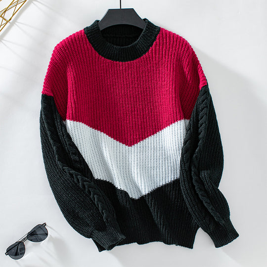 Damen modischer Strickpullover mit raffinierten Zopfmuster-Ärmeln und Kontrastfarben EB