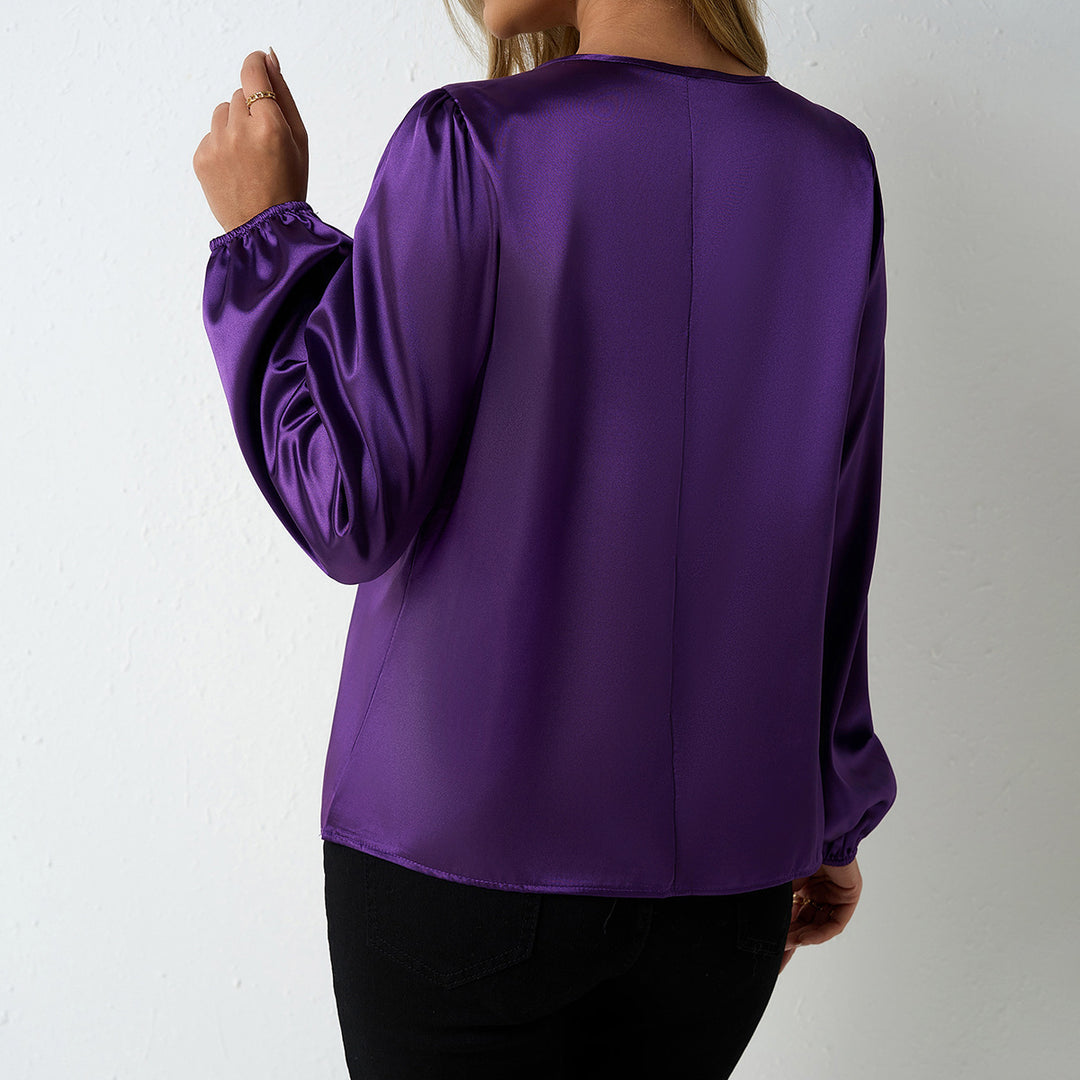 Damen elegante Satinbluse mit verspieltem Schlüsselausschnitt EB