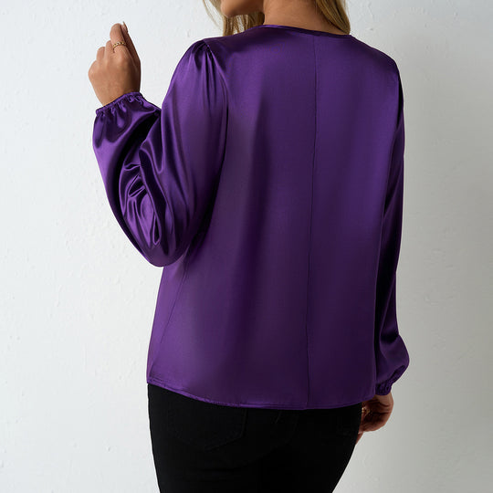 Damen elegante Satinbluse mit verspieltem Schlüsselausschnitt EB
