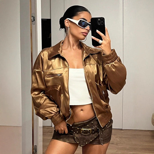 Damen Bomberjacke im glänzenden Satin-Look mit seitlichen Reißverschlusstaschen EB