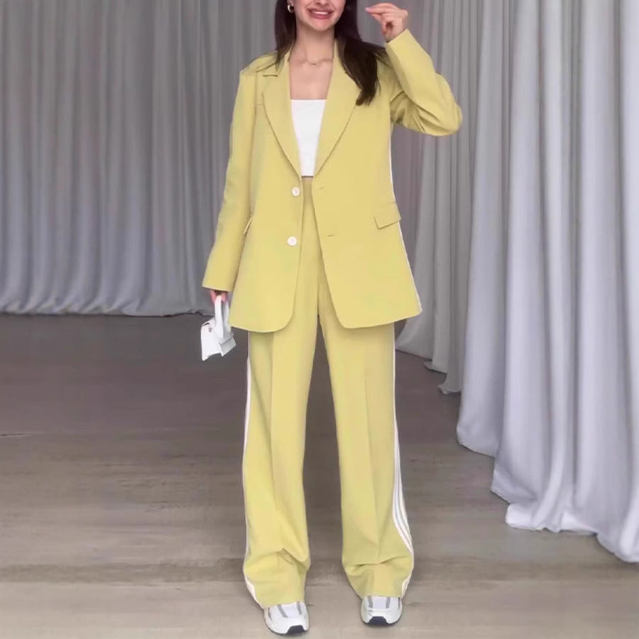 Damen Modisches Blazer-Hosen-Set mit kontrastierenden Streifen EB