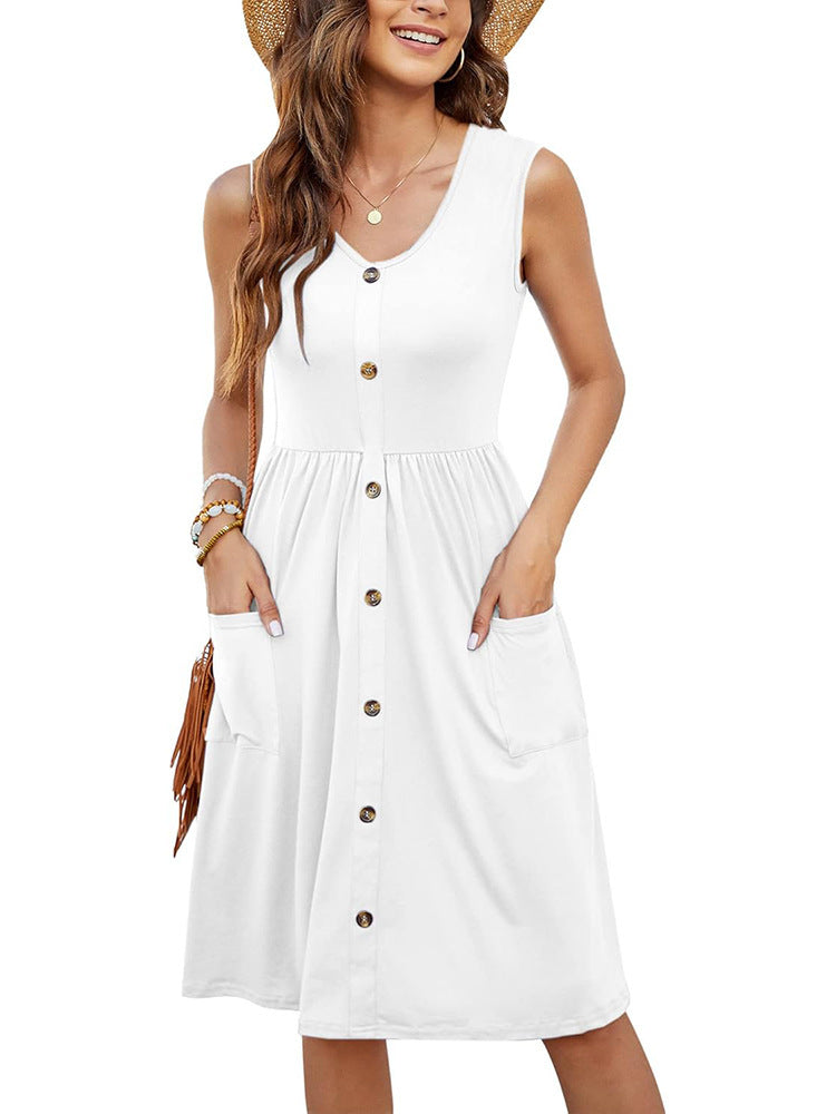 Damen Knielanges Sommerkleid mit Knopfdetails und praktischen Taschen EB
