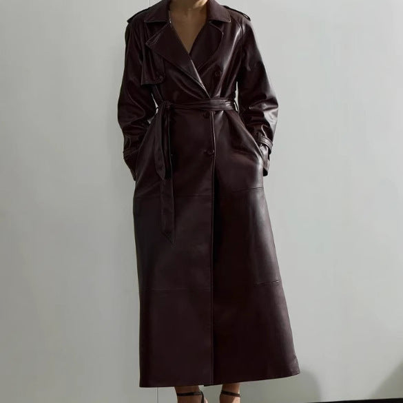 Damen Trenchcoat aus hochwertigem Kunstleder mit taillierbarem Gürtel EB